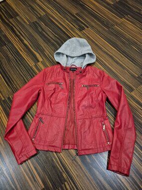 New Look Red Faux Leather Jacket with Removable Hood